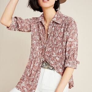 Anthropologie Pilcro Size XS Sasha Smocked Button Down Shirt Oversized Western